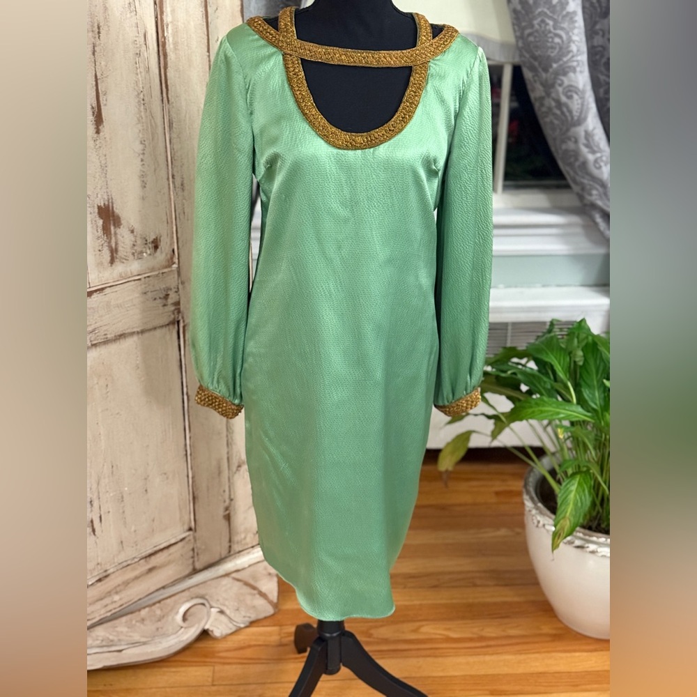 Vintage 100% Silk Mint Green Long Sleeve Dress with Gold Trim